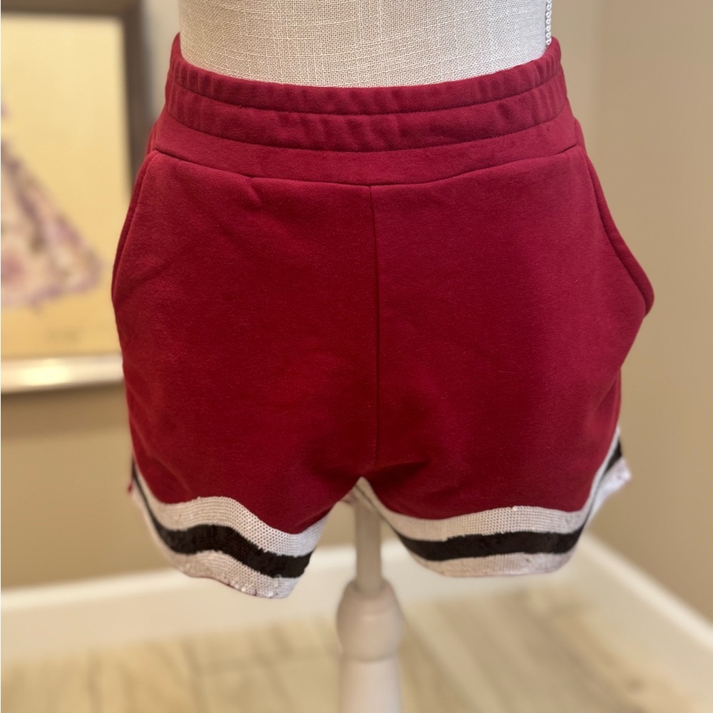 QUEEN OF SPARKLES Garnet Red and Black Sequin Wavy Shorts